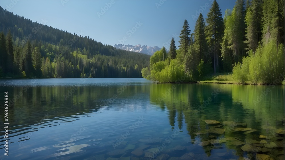 An expansive view of a serene lake nestled amidst lush greenery, with the clear blue sky reflecting in the calm waters, capturing the tranquility of a peaceful summer day, Digital Photograph, Realisti