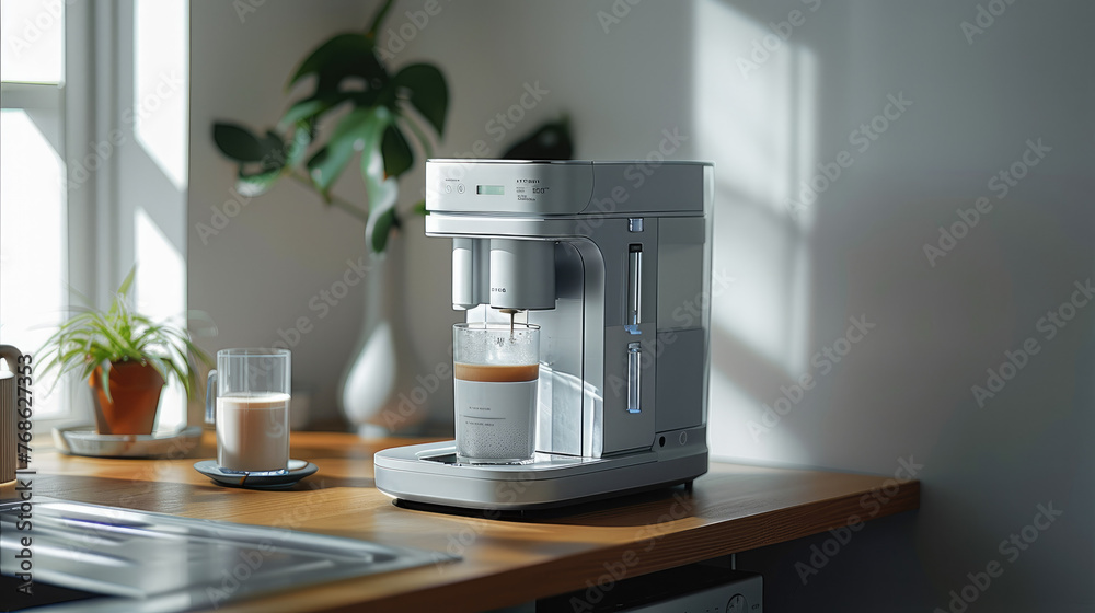 The machine is placed on the table, There is a water cup on the machine, Minimalist, bright. Generative AI. The machine is placed on the table, There is a water cup on the machine, Minimalist, bright. Generative AI.