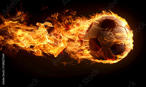 Fast kicked soccer ball burning and flying at excessive speed, black background. photo