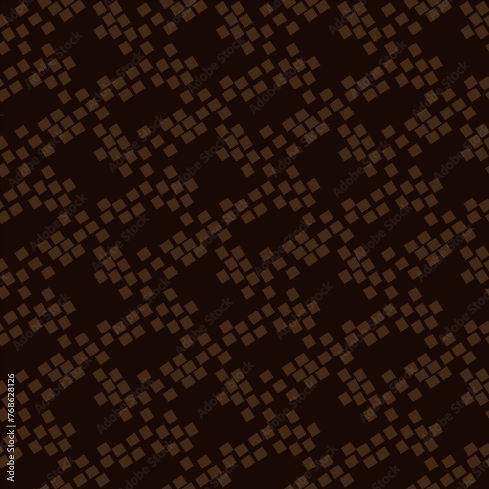 The pattern is an abstract geometric shape imitation of snake skin. The broken shape of the brown spots of the figures on a dark background. Simple chaos in a seamless texture. Animal Texture