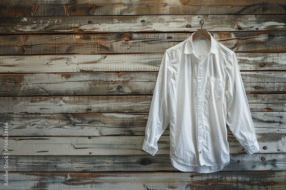 White Shirt Hanging on Wooden Wall