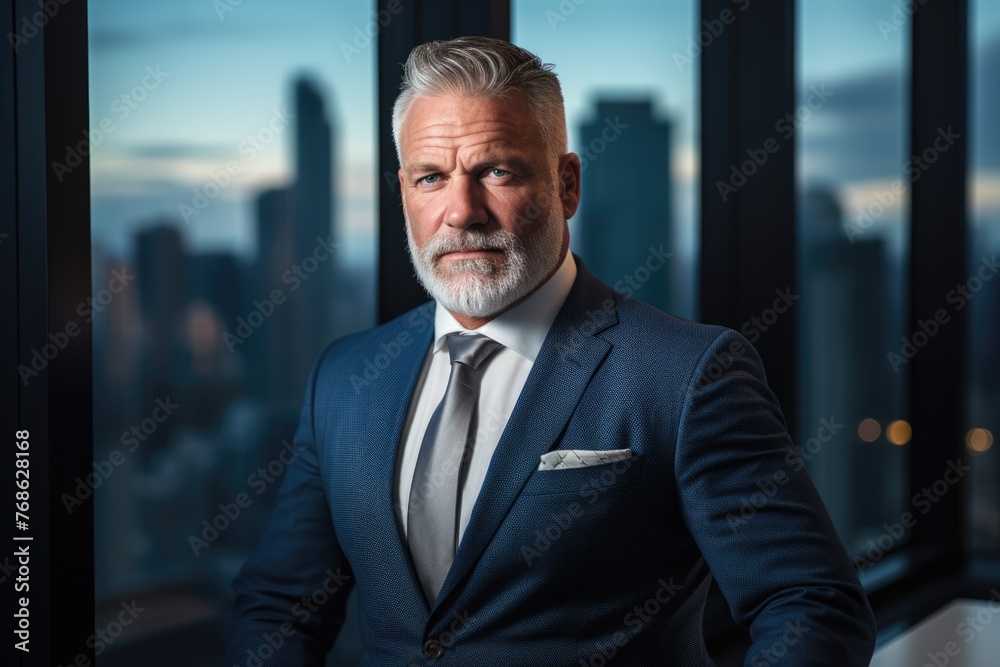 Obraz premium A senior businessman in a high-rise office, confidently standing by a window overlooking the city, symbolizing experience and success in the corporate world.