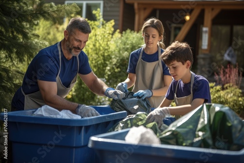 A family sorting recyclables in their backyard. Parents teach kids the importance of recycling, leading by example for the whole family. photo