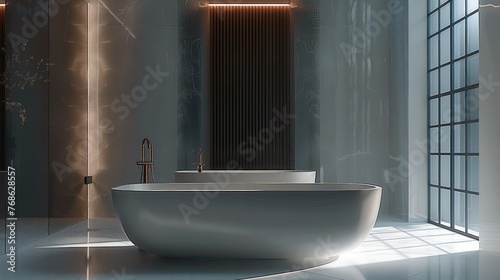 A contemporary minimalist interior bathroom  ultra modern futuristic  bathtub. Generative AI.