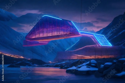 illustration of lighted futuristic modern trapeze building located in rocky mountainous area against cloudy evening sky in winter