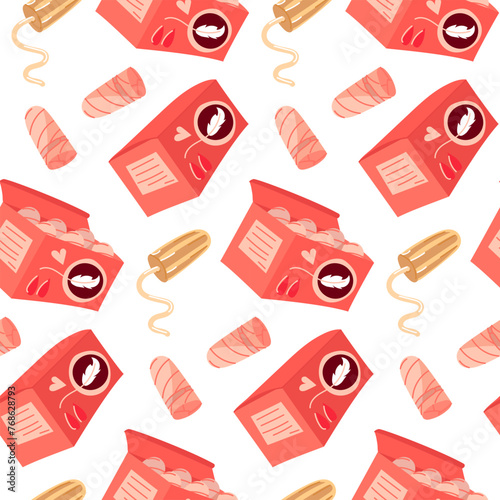 The gasket pattern is flat. Seamless pattern with a set of tampon pads and their boxes, menstruation wipes. Vector. The female cycle. Femininity is a children's illustration