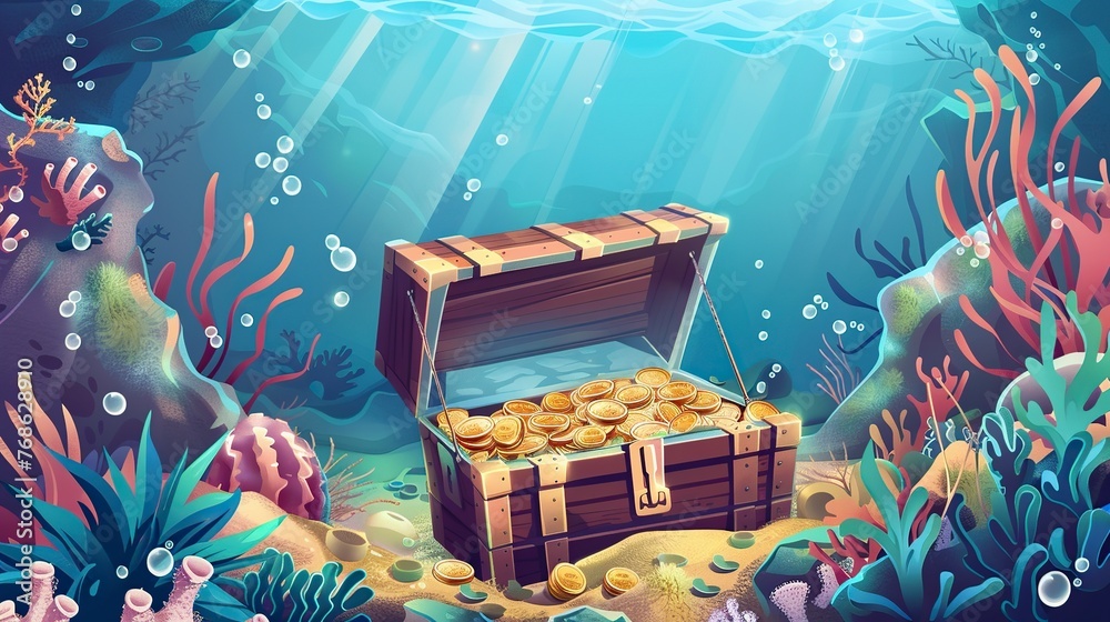 old treasure chest with money on sea bottom. Vector cartoon ...