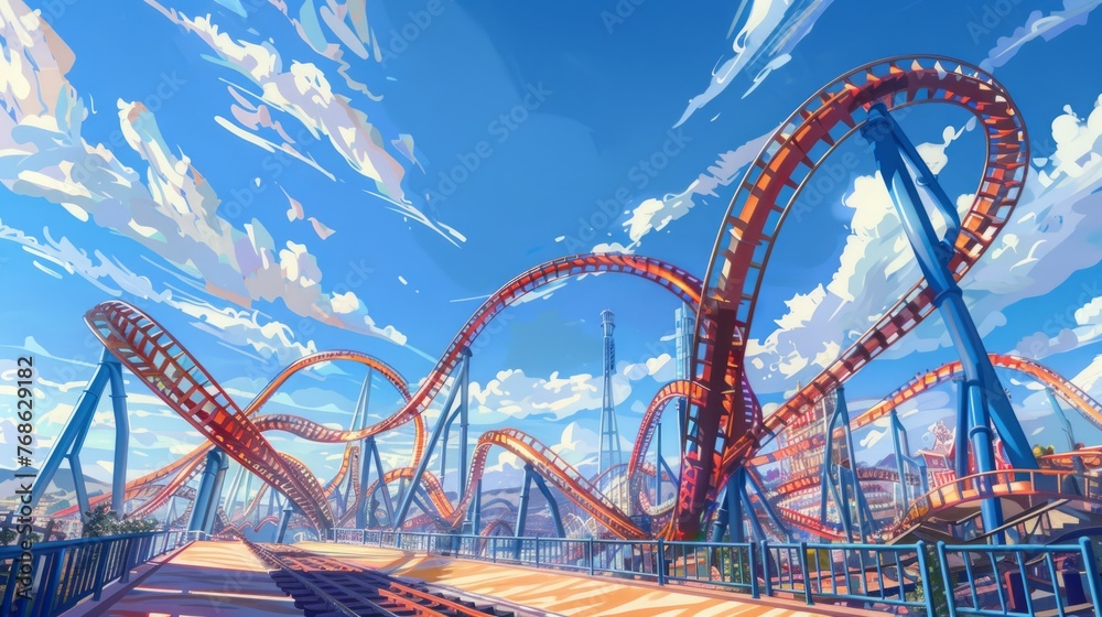 Roller Coaster Soaring Through Clouds - obrazy, fototapety, plakaty 