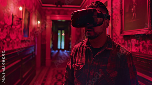 Through the lenses of his VR headset, a gamer explores the eerie corridors of a haunted mansion, where every creak and whisper sends shivers down his spine. photo