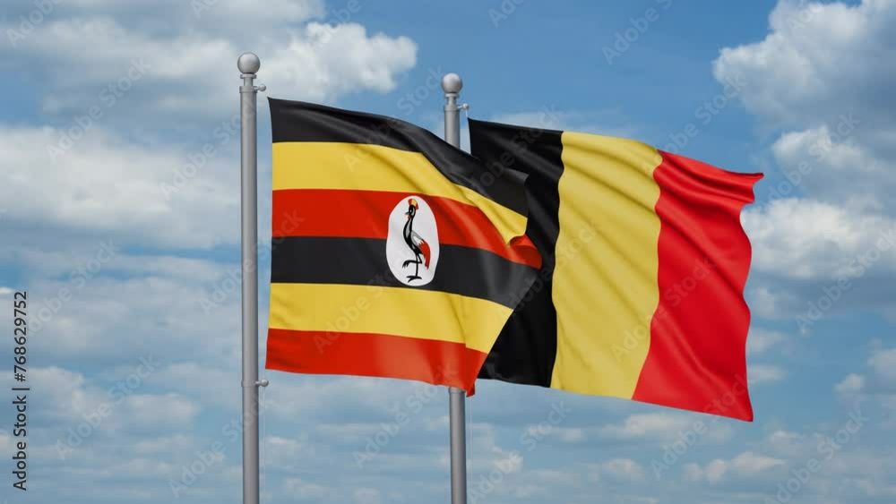 Belgium and Uganda two flags waving together, looped video, two country relations concept Belgium and Uganda two flags waving together, looped video, two country relations concept