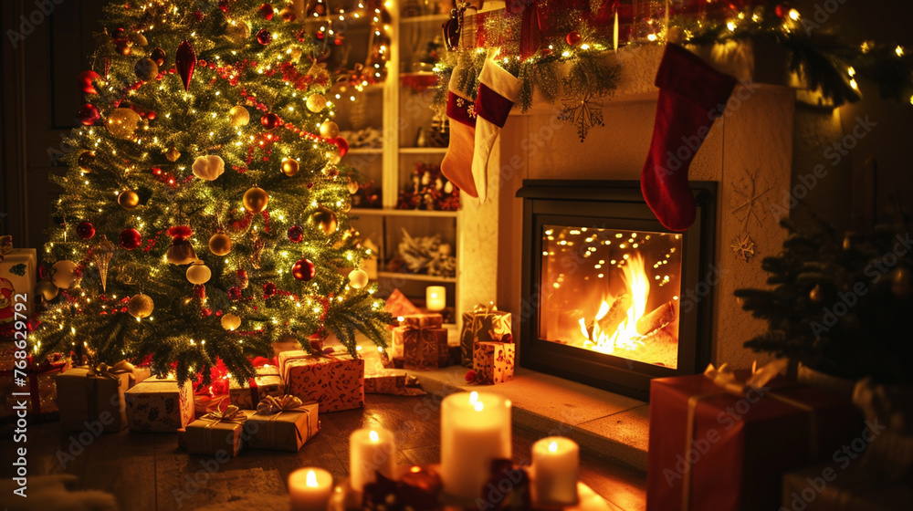 interior christmas. magic glowing tree, fireplace, gifts in dark . Generative Ai