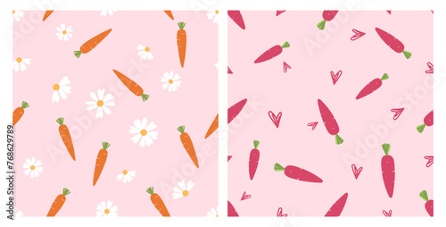 Seamless patterns with carrot, cute flower and hand drawn hearts on pink backgrounds vector.