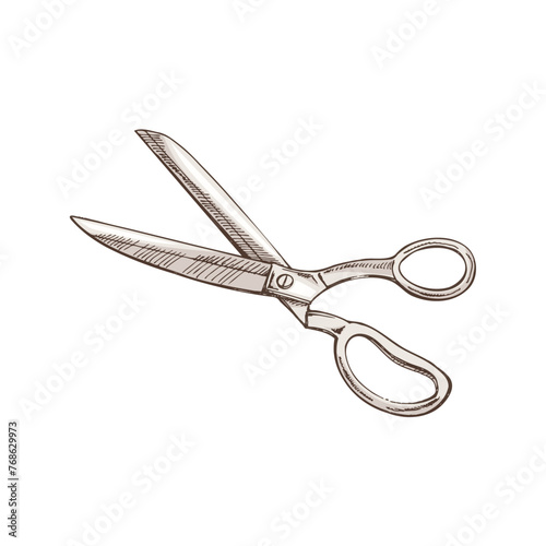 Hand-drawn colored sketch of tailor's scissors. Handmade, sewing equipment concept in vintage doodle style. Engraving style.