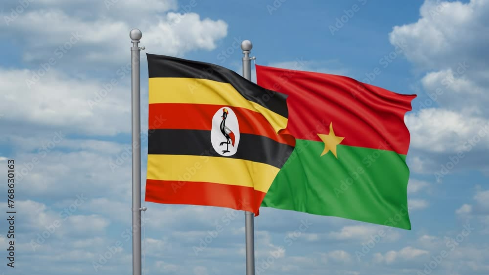 Burkina Faso and Uganda two flags waving together, looped video, two country relations concept Burkina Faso and Uganda two flags waving together, looped video, two country relations concept