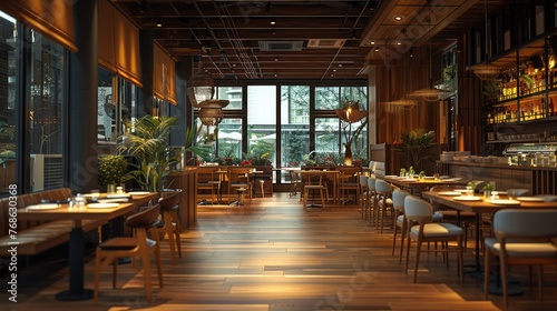 A very modern and large restaurant area. Dark wooden furniture. Generative AI.