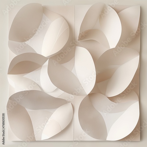 Minimal art painting, in the style of new media art, futuristic architecture, swirling vortexes, A grid of cut paper shapes in the shape of petals on a flat white background