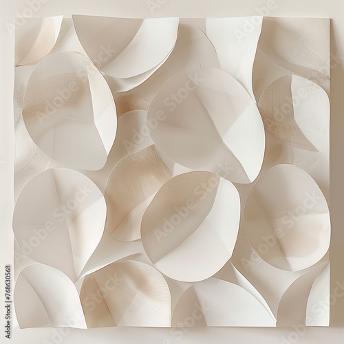 Minimal art painting, in the style of new media art, futuristic architecture, swirling vortexes, A grid of cut paper shapes in the shape of petals on a flat white background