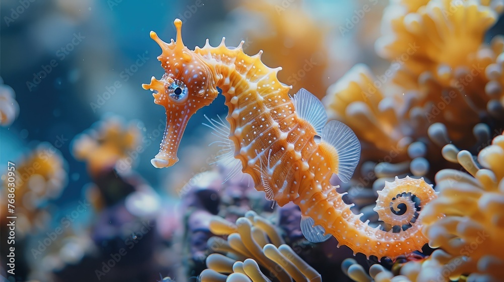 A seahorse daddy is looking after his babies, coral reef, blue sea. Generative AI. - obrazy, fototapety, plakaty 
