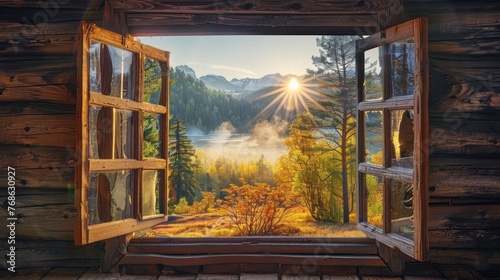 View through open window to autumn wilderness at sunrise