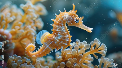A seahorse daddy is looking after his babies, coral reef, blue sea. Generative AI. © visoot