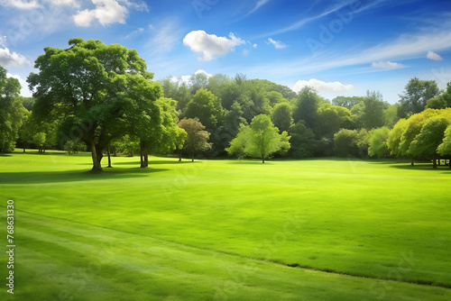 Green Meadow with Trees in the Background. Beautiful spring natural background.