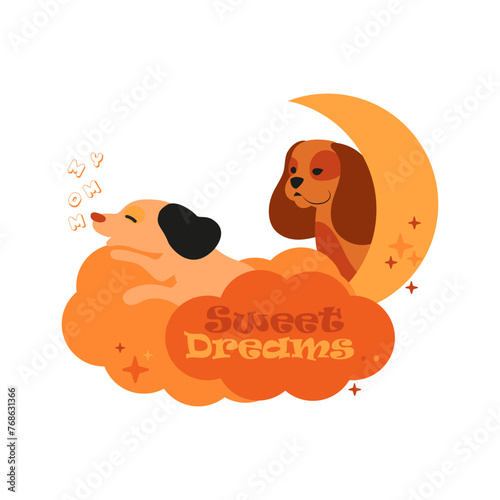 A red-haired puppy sleeps on a cloud and next to his mother.