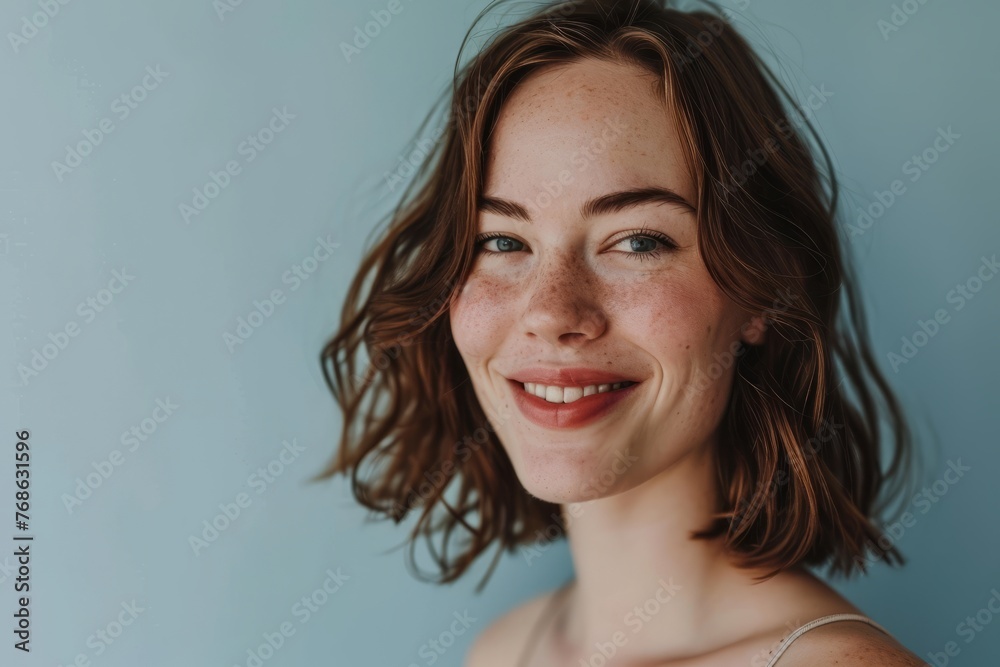 Portrait of beautiful young woman with freckles on her face Portrait of beautiful young woman with freckles on her face