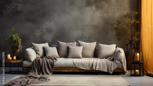 A large couch with pillows and a blanket on it. The couch is in a room with a wall and a plant