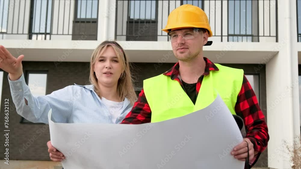 Team of construction specialists using architectural blueprints on site Team of construction specialists using architectural blueprints on site
