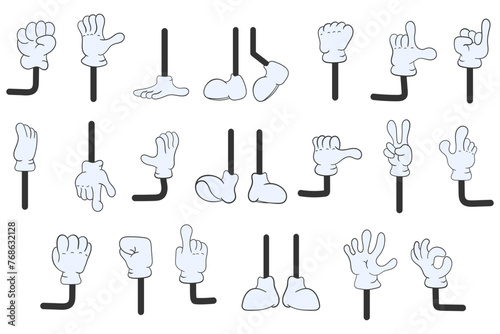 Cartoon gloved arm on white background in hand drawn style. Comic hands in gloves, retro doodle arms with different gestures icons set. Gesture hand finger count, thumb gesturing. Vector illustration.