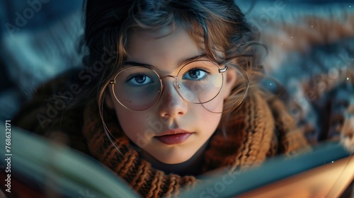A young girl is reading a book while wearing glasses