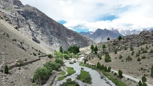 Drone shot of Basho Valley in skardu view of mountains and trees in the valley photo