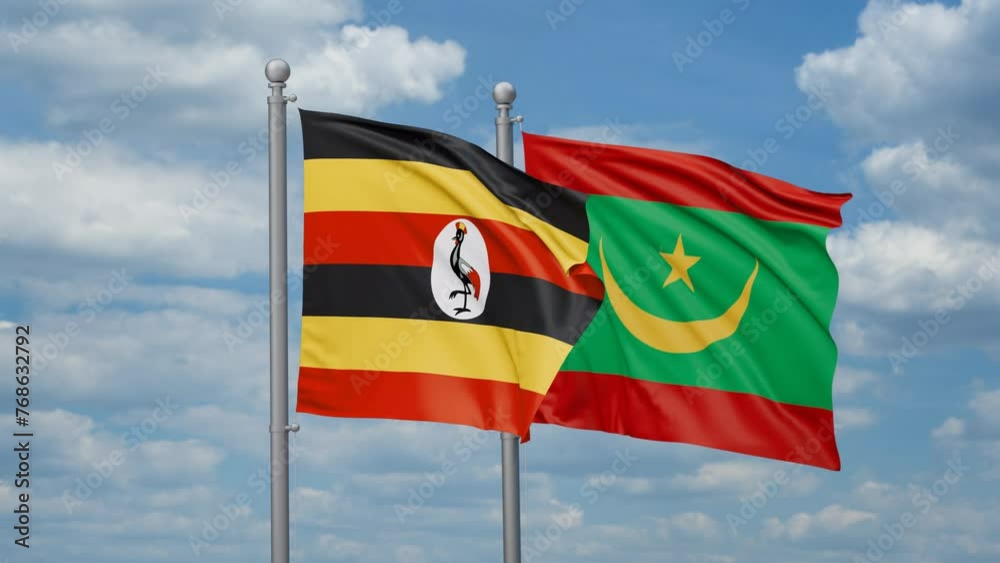 Mauritania and Uganda two flags waving together, looped video, two country cooperation concept Mauritania and Uganda two flags waving together, looped video, two country cooperation concept