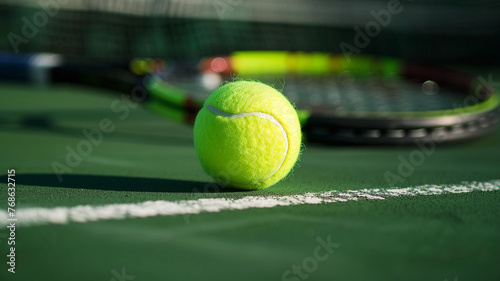 Tennis balls and tennis rackets on a court © sema_srinouljan
