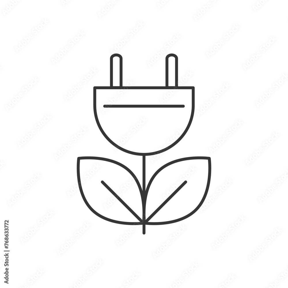 Green Energy linear icon, plug with leaf editable stroke symbol, Energy Saving vector outline sign. Green Energy linear icon, plug with leaf editable stroke symbol, Energy Saving vector outline sign.
