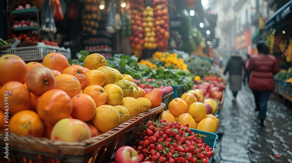 A bustling summer street market with colorful stalls overflowing with fresh fruits, vegetables, and flowers. Generative AI.