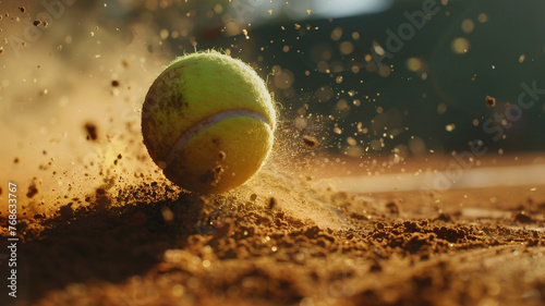 A green tennis ball on a clay court photo