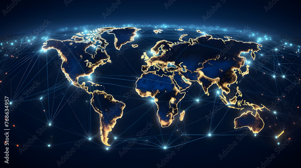 The abstract digital world map outlines the concept of global connectivity, data transfer, cyber technology, information exchange, and communication. The abstract digital world map outlines the concept of global connectivity, data transfer, cyber technology, information exchange, and communication.