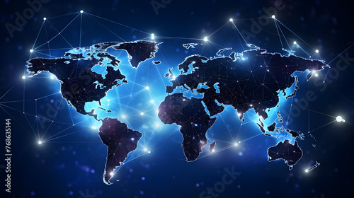 The abstract digital world map outlines the concept of global connectivity, data transfer, cyber technology, information exchange, and communication.