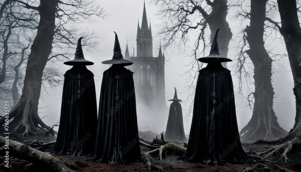 Four silhouetted figures in robes stand enshrouded in fog with a haunting gothic cathedral rising in the misty background, creating a chilling scene. AI generation Four silhouetted figures in robes stand enshrouded in fog with a haunting gothic cathedral rising in the misty background, creating a chilling scene. AI generation