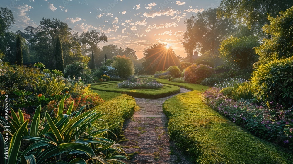 Beauty of a meticulously landscaped garden at dawn, bright and airy. Generative AI. Beauty of a meticulously landscaped garden at dawn, bright and airy. Generative AI.