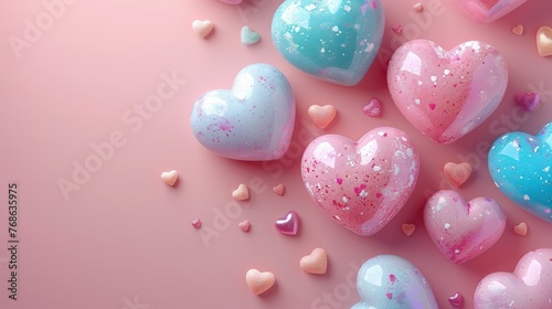 Background for Valentine's Day with 3D hearts on a pink background, pastel color. Generative AI.