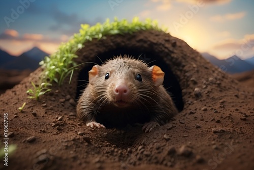 A mole peeps out of a mound of earth