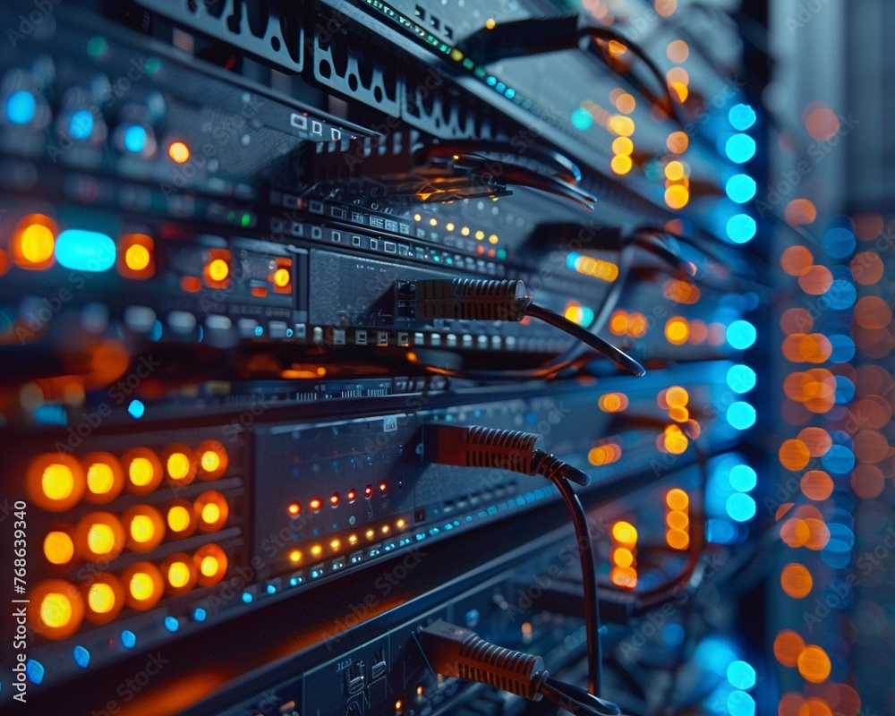 Macro shot of a server rack in a data center, focusing on the network interface cards and cable management for efficient data flow , cinematic Macro shot of a server rack in a data center, focusing on the network interface cards and cable management for efficient data flow , cinematic