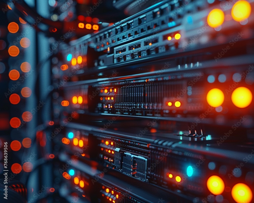 Macro shot of a server rack in a data center, focusing on the network interface cards and cable management for efficient data flow , cinematic Macro shot of a server rack in a data center, focusing on the network interface cards and cable management for efficient data flow , cinematic