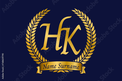 Initial letter H and K, HK monogram logo design with laurel wreath. Luxury golden calligraphy font.