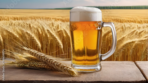a mug of beer on the background of a wheat field