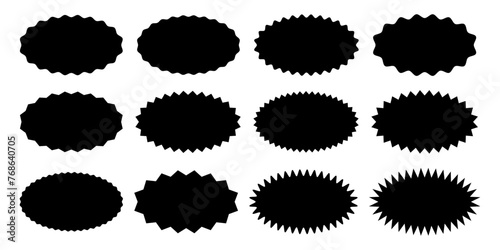 Set or oval shapes with wiggly and zigzag borders. Empty black sale, price, discount, special offer, coupon, promo code stickers. Speech bubbles, messages, text boxes in cartoon style.