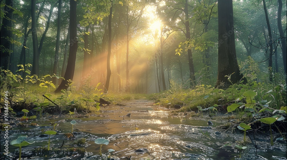 Obraz premium The sunny forest after the rain. Generative AI.