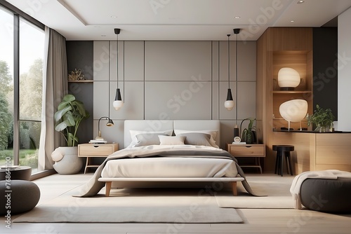 Interior of modern master bedroom with white walls, wooden floor, comfortable king size bed with black armchairs and coffee table. photo
